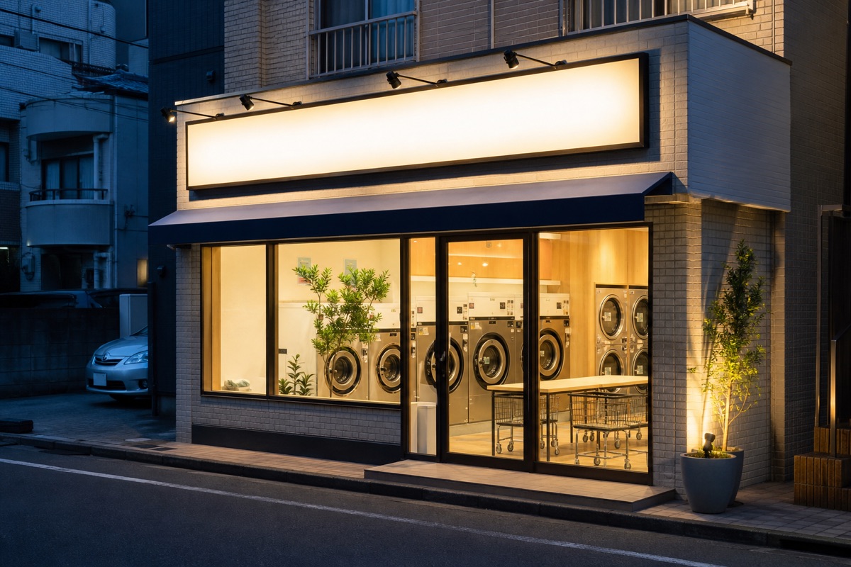 夕方から夜に明かりが灯るコインランドリー店舗外観